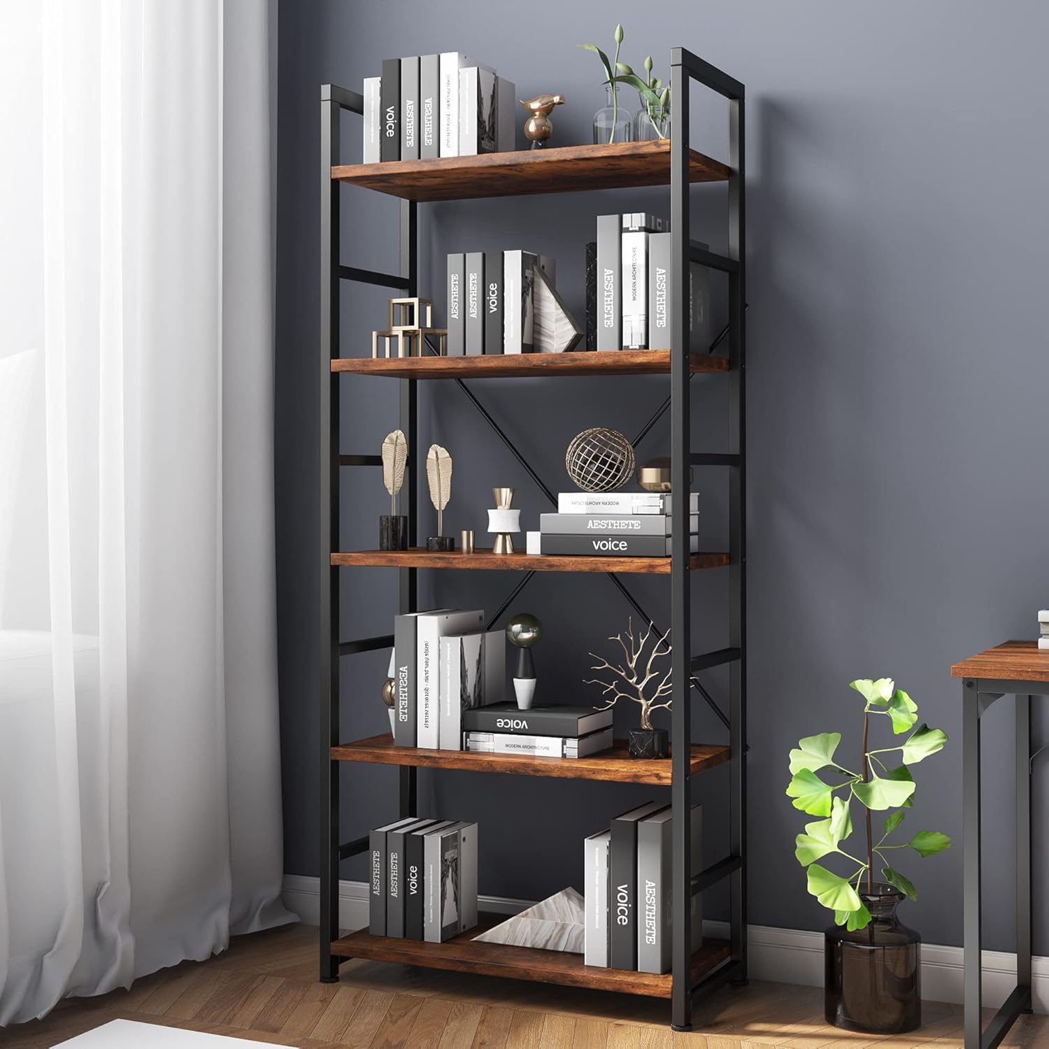 industrial shelf 5段 ビンテージ ブラウンIPR80 VERMESS Industrial Bookshelf, 5-Tier 24inch Shelving Unit Wood